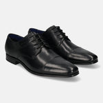 A black Men's bugatti Derby featuring a round toe cap toe, stacked heel. Made from premium genuine leather with a durable high quality synthetic outsole, this laces design offers both style and comfort.