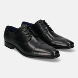 A black Men's bugatti Derby featuring a round toe cap toe, stacked heel. Made from premium genuine leather with a durable high quality synthetic outsole, this laces design offers both style and comfort.