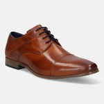 A cognac Men's bugatti Derby featuring a round toe cap toe, stacked heel. Made from premium genuine leather with a durable high quality synthetic outsole, this laces design offers both style and comfort.