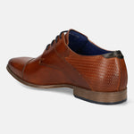 A cognac Men's bugatti Derby featuring a round toe cap toe, stacked heel. Made from premium genuine leather with a durable high quality synthetic outsole, this laces design offers both style and comfort.