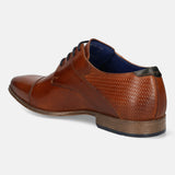 A cognac Men's bugatti Derby featuring a round toe cap toe, stacked heel. Made from premium genuine leather with a durable high quality synthetic outsole, this laces design offers both style and comfort.