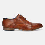 A cognac Men's bugatti Derby featuring a round toe cap toe, stacked heel. Made from premium genuine leather with a durable high quality synthetic outsole, this laces design offers both style and comfort.