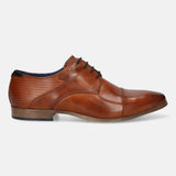 A cognac Men's bugatti Derby featuring a round toe cap toe, stacked heel. Made from premium genuine leather with a durable high quality synthetic outsole, this laces design offers both style and comfort.