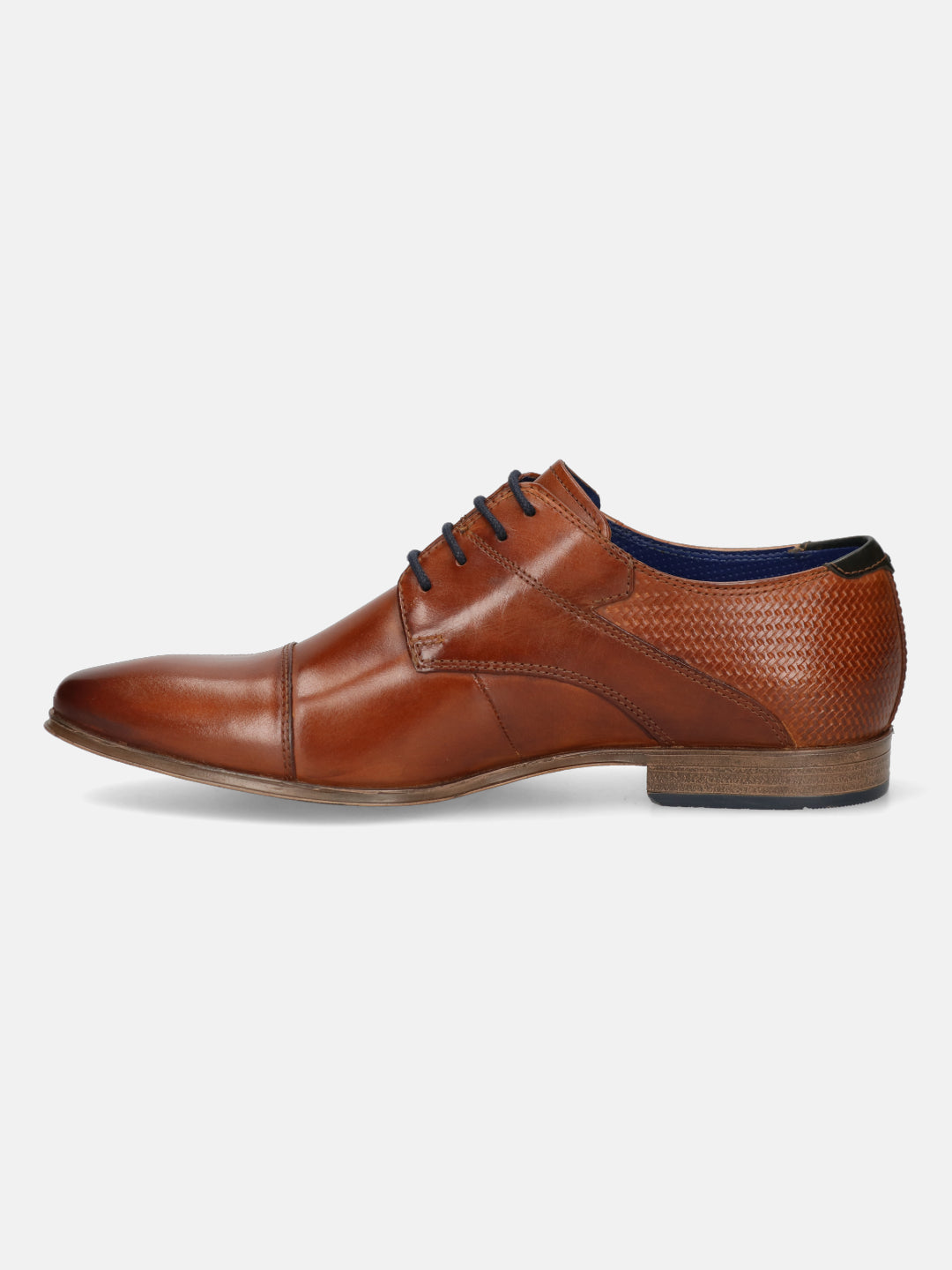 A cognac Men's bugatti Derby featuring a round toe cap toe, stacked heel. Made from premium genuine leather with a durable high quality synthetic outsole, this laces design offers both style and comfort.