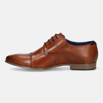 A cognac Men's bugatti Derby featuring a round toe cap toe, stacked heel. Made from premium genuine leather with a durable high quality synthetic outsole, this laces design offers both style and comfort.