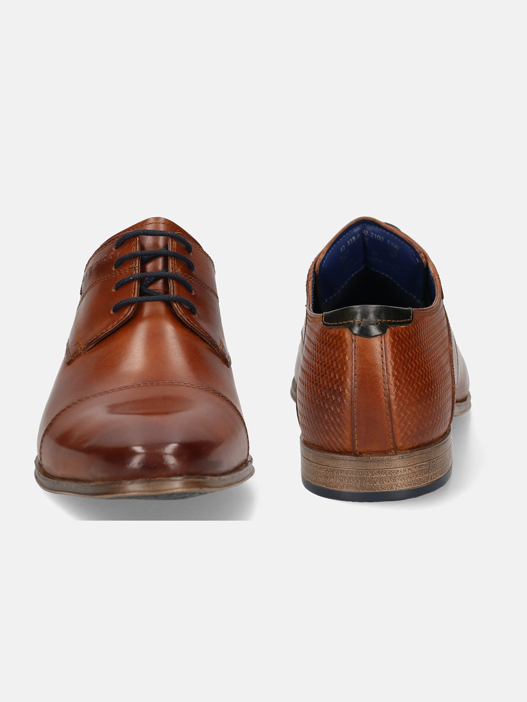 A cognac Men's bugatti Derby featuring a round toe cap toe, stacked heel. Made from premium genuine leather with a durable high quality synthetic outsole, this laces design offers both style and comfort.