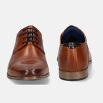 A cognac Men's bugatti Derby featuring a round toe cap toe, stacked heel. Made from premium genuine leather with a durable high quality synthetic outsole, this laces design offers both style and comfort.