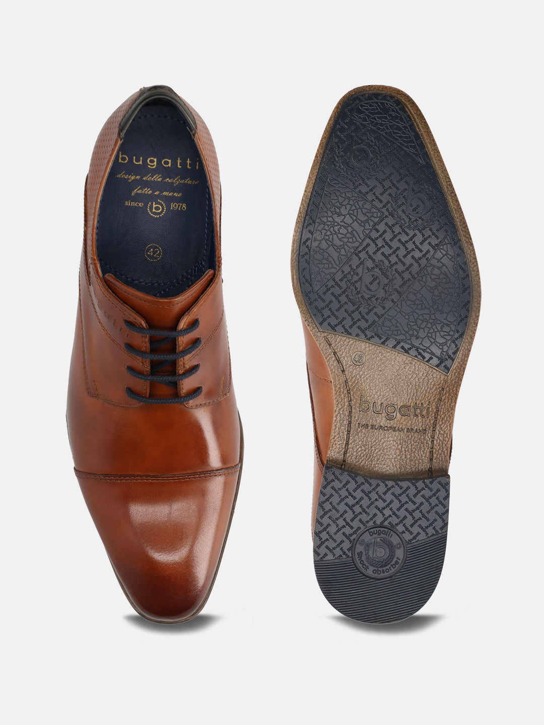A cognac Men's bugatti Derby featuring a round toe cap toe, stacked heel. Made from premium genuine leather with a durable high quality synthetic outsole, this laces design offers both style and comfort.