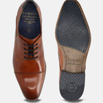 A cognac Men's bugatti Derby featuring a round toe cap toe, stacked heel. Made from premium genuine leather with a durable high quality synthetic outsole, this laces design offers both style and comfort.