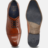 A cognac Men's bugatti Derby featuring a round toe cap toe, stacked heel. Made from premium genuine leather with a durable high quality synthetic outsole, this laces design offers both style and comfort.