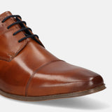A cognac Men's bugatti Derby featuring a round toe cap toe, stacked heel. Made from premium genuine leather with a durable high quality synthetic outsole, this laces design offers both style and comfort.
