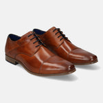 A cognac Men's bugatti Derby featuring a round toe cap toe, stacked heel. Made from premium genuine leather with a durable high quality synthetic outsole, this laces design offers both style and comfort.