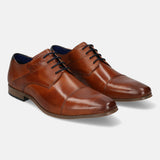 A cognac Men's bugatti Derby featuring a round toe cap toe, stacked heel. Made from premium genuine leather with a durable high quality synthetic outsole, this laces design offers both style and comfort.