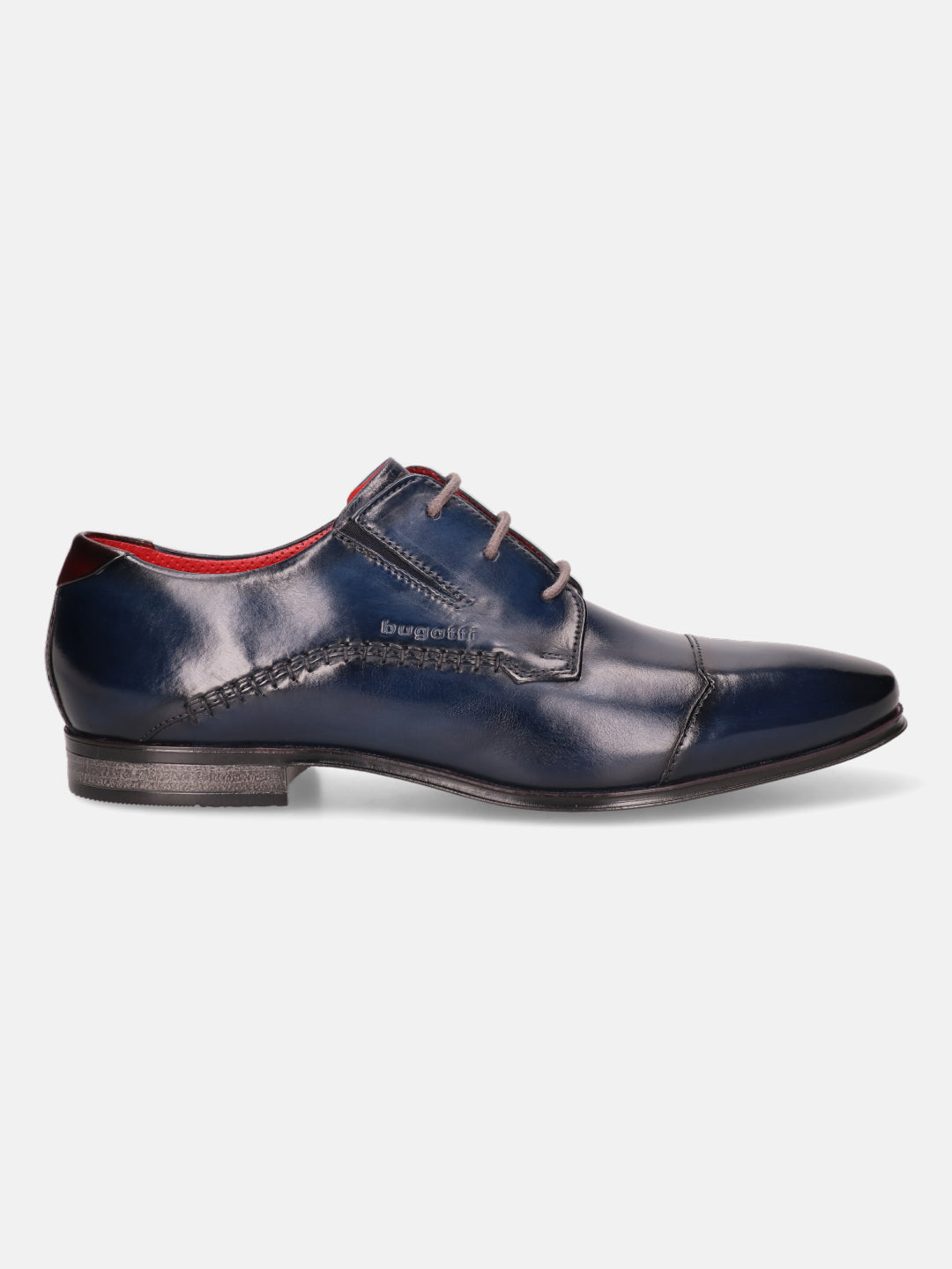 Blue leather derby shoe by Bugatti, featuring red lining and subtle decorative stitching details.