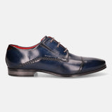 Blue leather derby shoe by Bugatti, featuring red lining and subtle decorative stitching details.