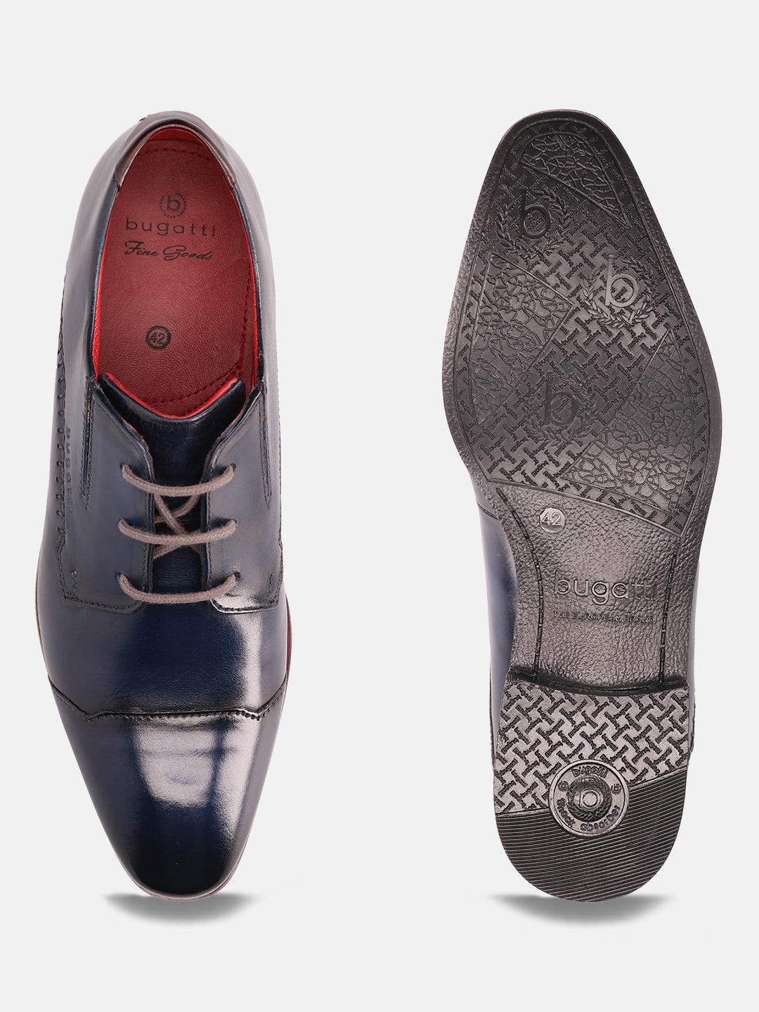 Blue leather derby shoes by bugatti, showing the outsole with patterned grip, including the size 42 and a brand logo.