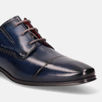Blue leather derby shoes by Bugatti, featuring gray laces and decorative stitching.