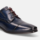 Blue leather derby shoes by Bugatti, featuring gray laces and decorative stitching.