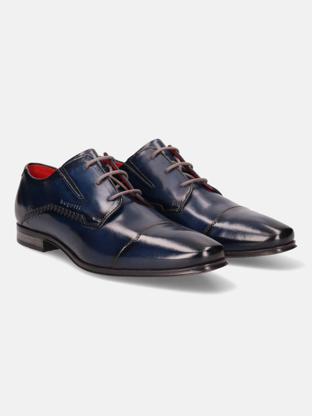Blue leather derby dress shoes by bugatti with gray laces and red insoles.