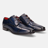 Blue leather derby dress shoes by bugatti with gray laces and red insoles.