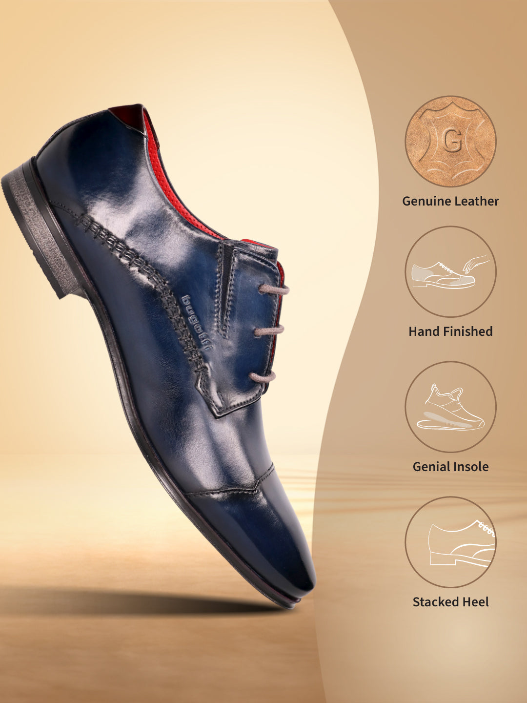 bugatti Margo dress shoe in blue leather with red lining, featuring brogue detailing and a stacked heel.