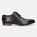 A black Men's bugatti Derby featuring a round wing tip, moulded  heel. Made from premium genuine leather with a durable high quality synthetic outsole, this laces design offers both style and comfort.