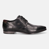 A black Men's bugatti Derby featuring a round wing tip, moulded  heel. Made from premium genuine leather with a durable high quality synthetic outsole, this laces design offers both style and comfort.