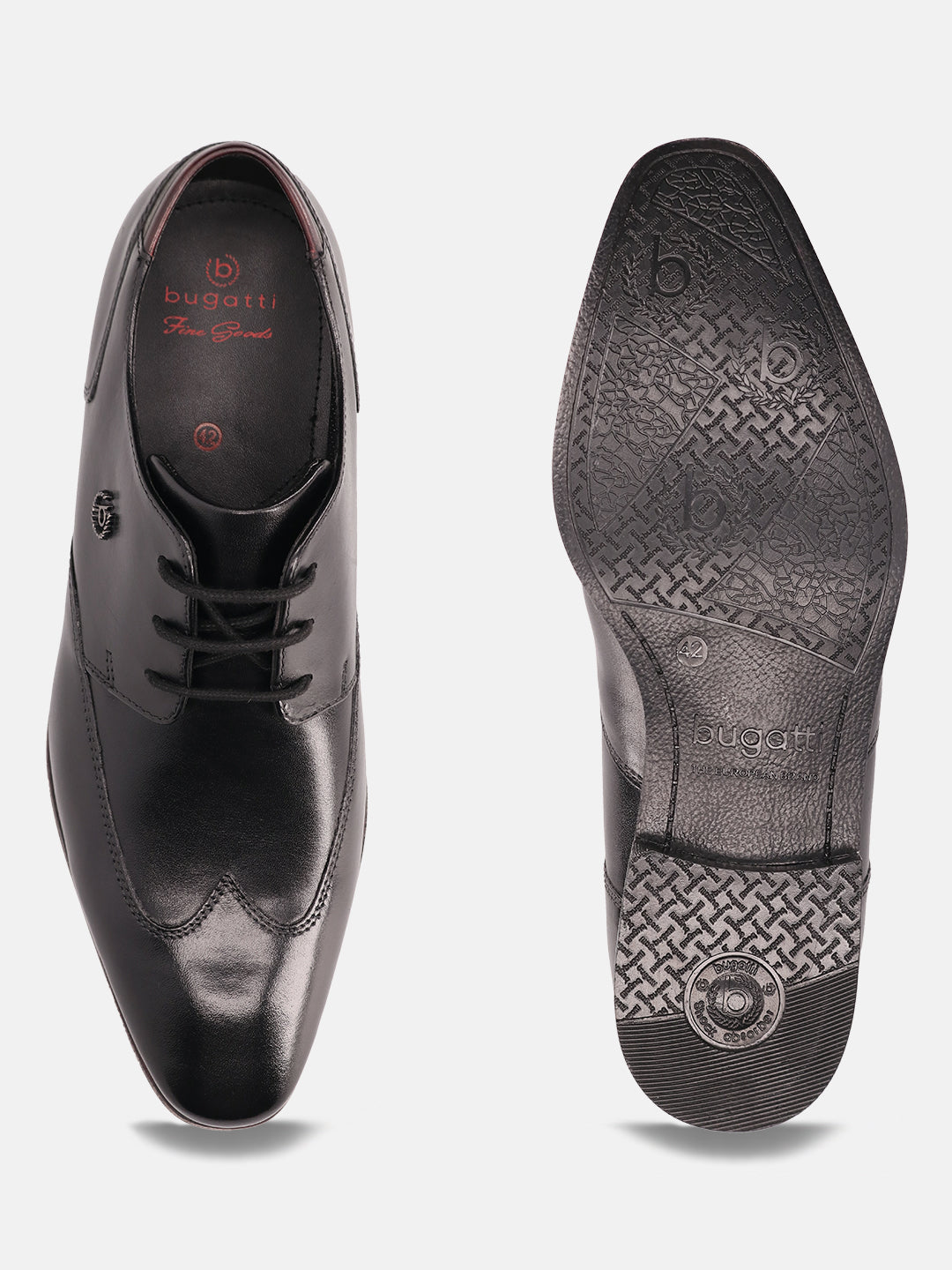 A black Men's bugatti Derby featuring a round wing tip, moulded  heel. Made from premium genuine leather with a durable high quality synthetic outsole, this laces design offers both style and comfort.
