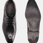 A black Men's bugatti Derby featuring a round wing tip, moulded  heel. Made from premium genuine leather with a durable high quality synthetic outsole, this laces design offers both style and comfort.
