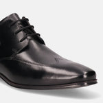 A black Men's bugatti Derby featuring a round wing tip, moulded  heel. Made from premium genuine leather with a durable high quality synthetic outsole, this laces design offers both style and comfort.