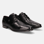 A black Men's bugatti Derby featuring a round wing tip, moulded  heel. Made from premium genuine leather with a durable high quality synthetic outsole, this laces design offers both style and comfort.