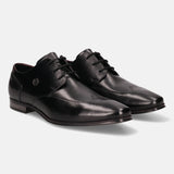 A black Men's bugatti Derby featuring a round wing tip, moulded  heel. Made from premium genuine leather with a durable high quality synthetic outsole, this laces design offers both style and comfort.