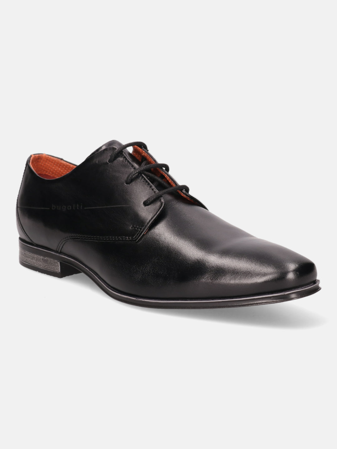 Black leather derby shoes by bugatti, featuring a subtle line detail on the sole.