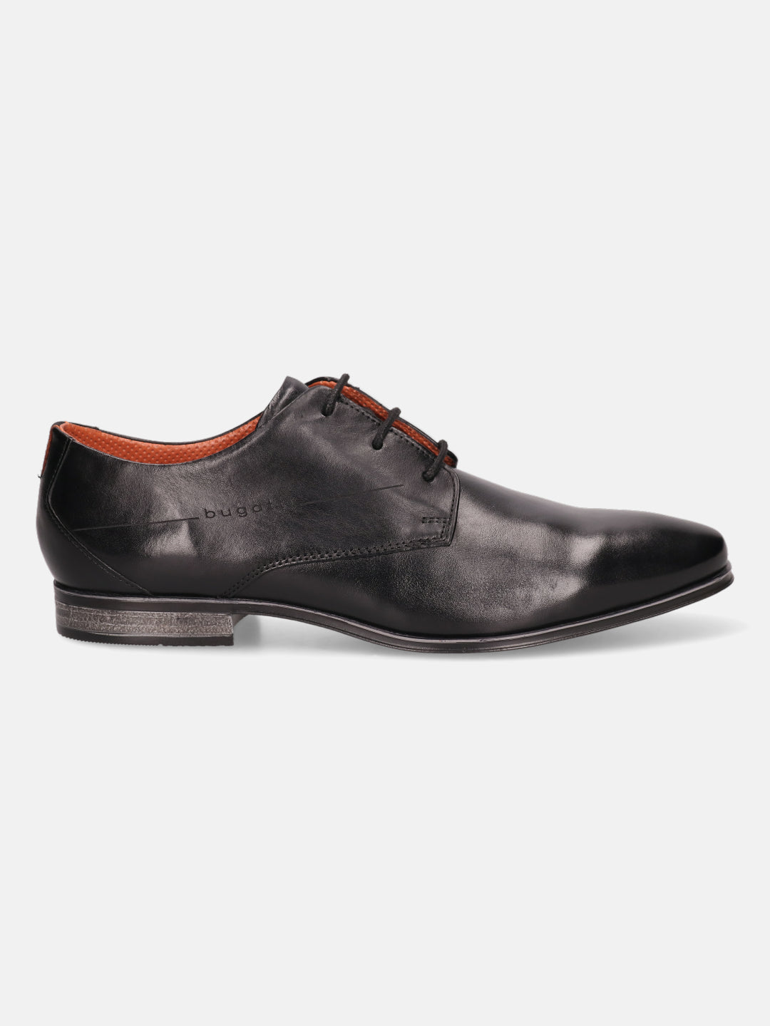 Black leather dress shoe by bugatti, with waxed laces and a textured heel.