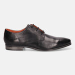 Black leather dress shoe by bugatti, with waxed laces and a textured heel.