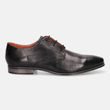 Black leather dress shoe by bugatti, with waxed laces and a textured heel.