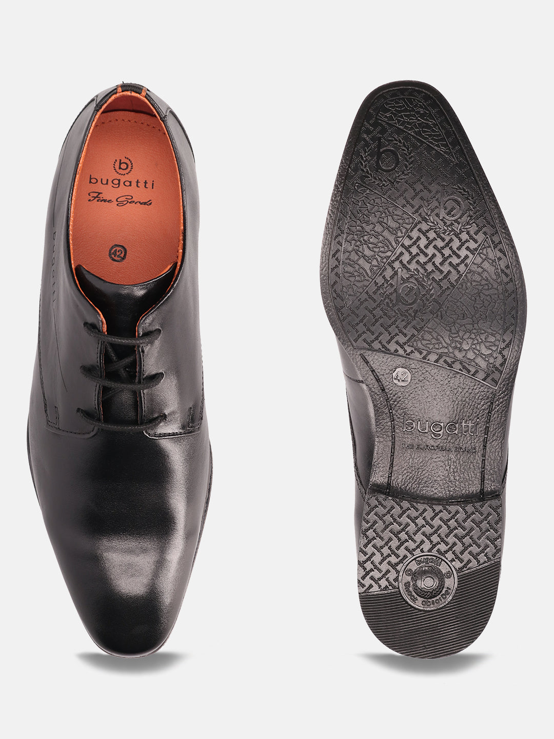 Black leather derby formal shoes by bugatti, displaying textured outsole and orange leather lining.