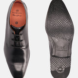 Black leather derby formal shoes by bugatti, displaying textured outsole and orange leather lining.