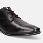 Black leather formal derby shoes by bugatti, featuring sleek design and subtle sheen.