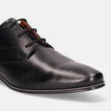 Black leather formal derby shoes by bugatti, featuring sleek design and subtle sheen.