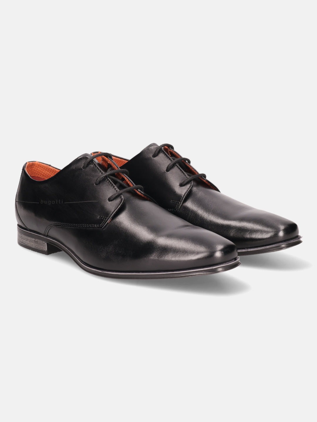 Black leather derby formal shoes by bugatti with black laces and subtle silver heel accent.