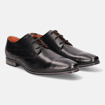 Black leather derby formal shoes by bugatti with black laces and subtle silver heel accent.
