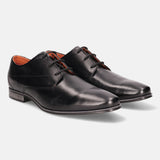 Black leather derby formal shoes by bugatti with black laces and subtle silver heel accent.