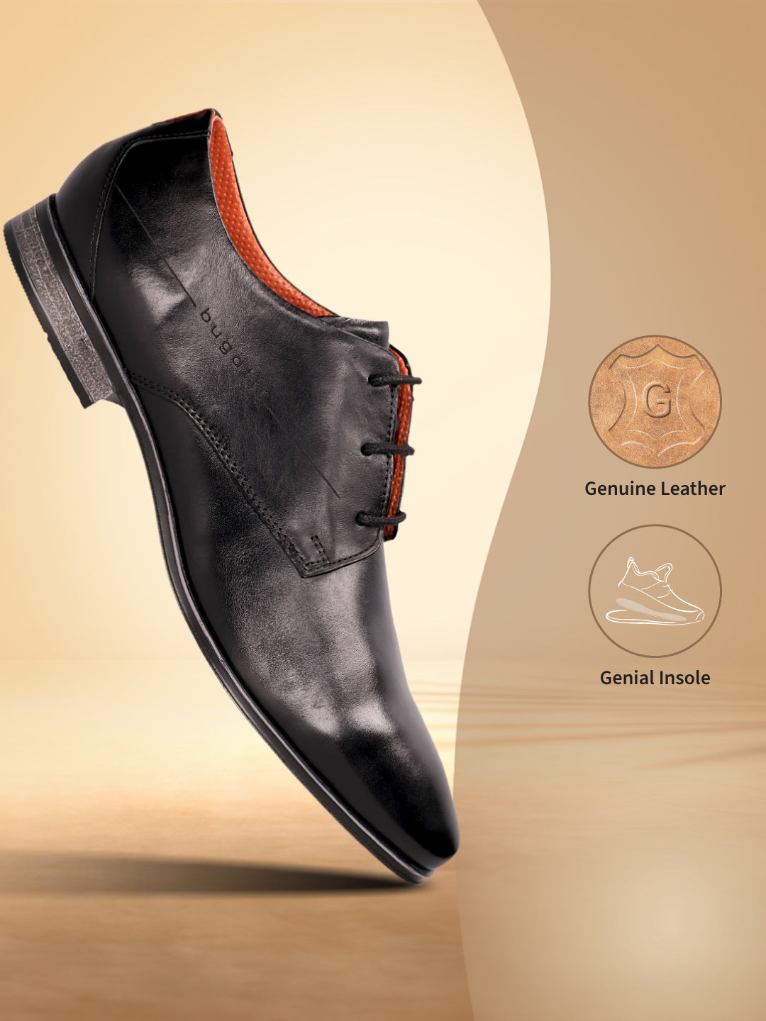 Bugatti Margo black leather derby shoes featuring a comfort insole and lace-up closure.
