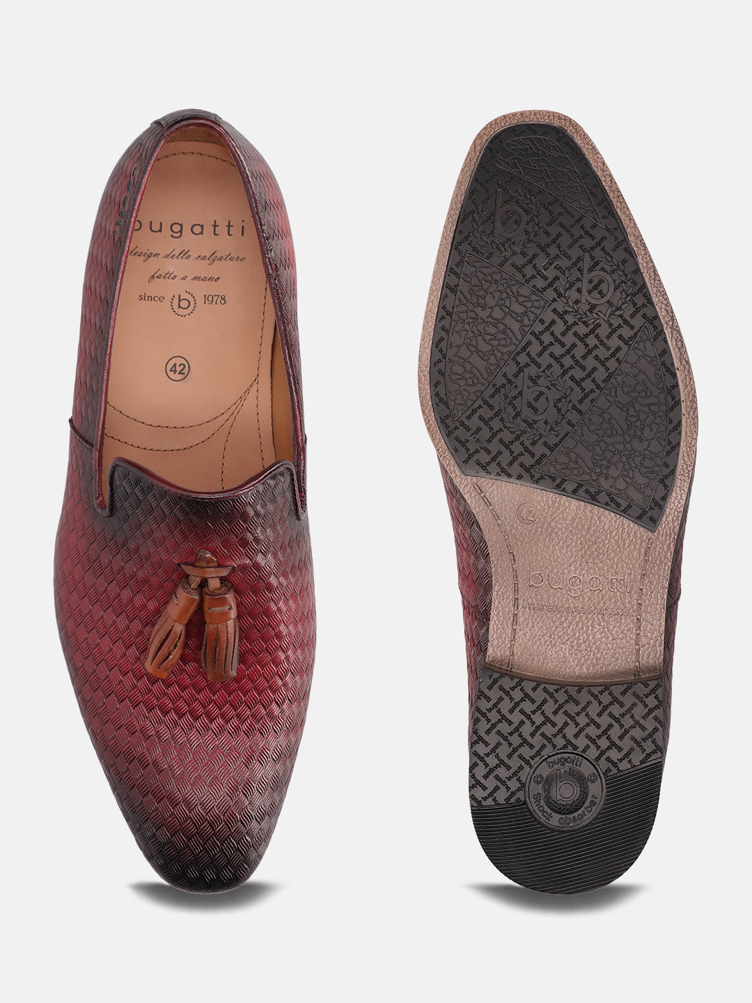 Red leather slip-on shoes by bugatti, featuring a woven texture and decorative tassels.