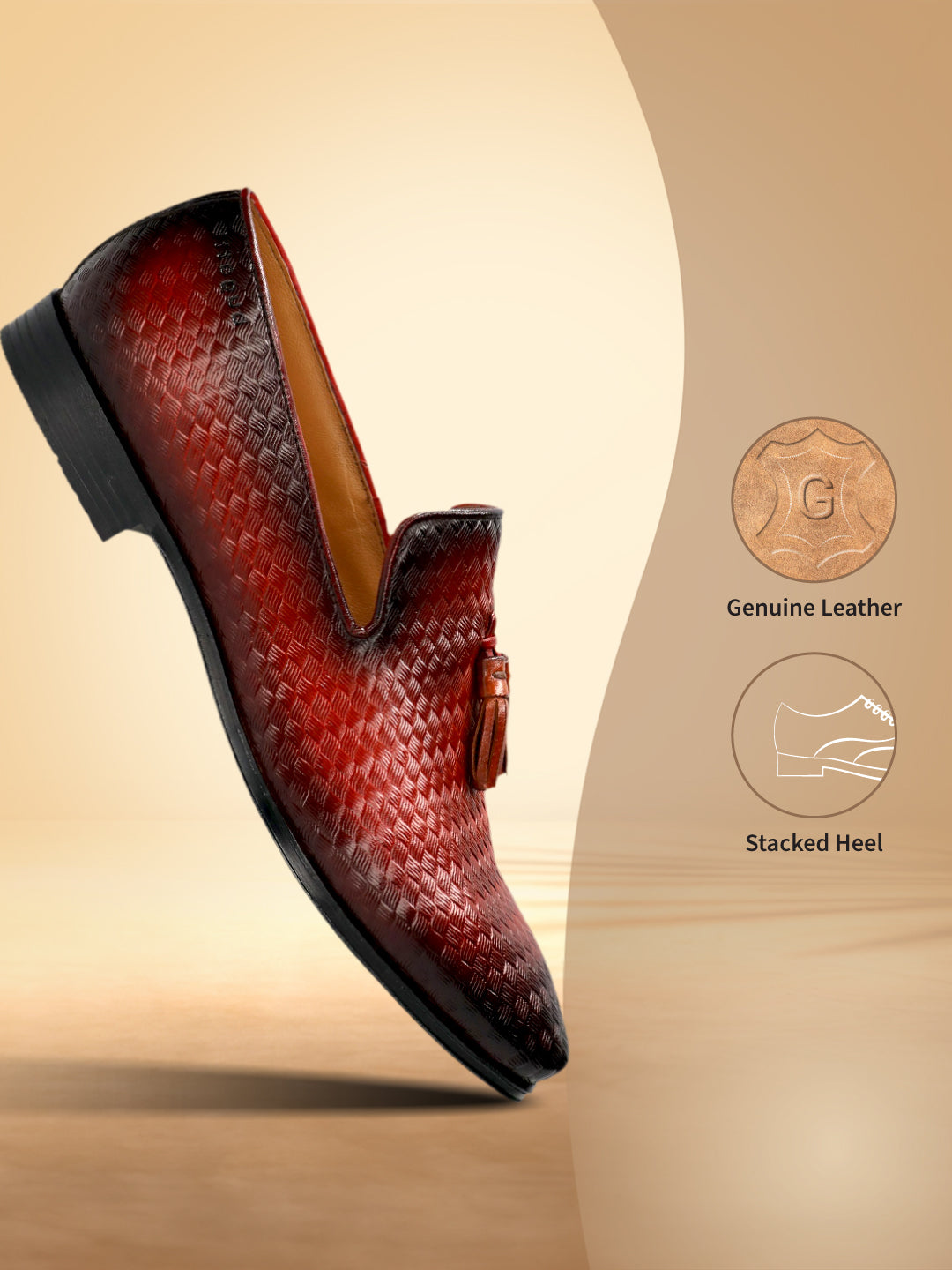 bugatti Margo red premium leather slip-on shoe with a woven texture and tassel accent.