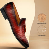 bugatti Margo red premium leather slip-on shoe with a woven texture and tassel accent.