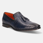 A blue Men's bugatti Tassel Loafers featuring a round toe plain toe, stacked heel. Made from premium genuine leather with a durable high quality synthetic outsole, this slip-on design offers both style and comfort.