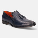 A blue Men's bugatti Tassel Loafers featuring a round toe plain toe, stacked heel. Made from premium genuine leather with a durable high quality synthetic outsole, this slip-on design offers both style and comfort.