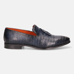 A blue Men's bugatti Tassel Loafers featuring a round toe plain toe, stacked heel. Made from premium genuine leather with a durable high quality synthetic outsole, this slip-on design offers both style and comfort.